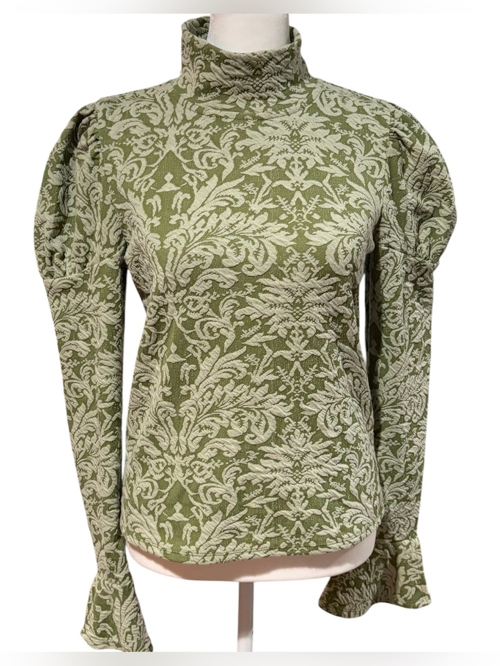 Anthropologie Puff Sleeve Mock Neck Jacquard Top